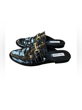 Steve Madden Kandi black crocodile embossed slip on mules with horse bit detail